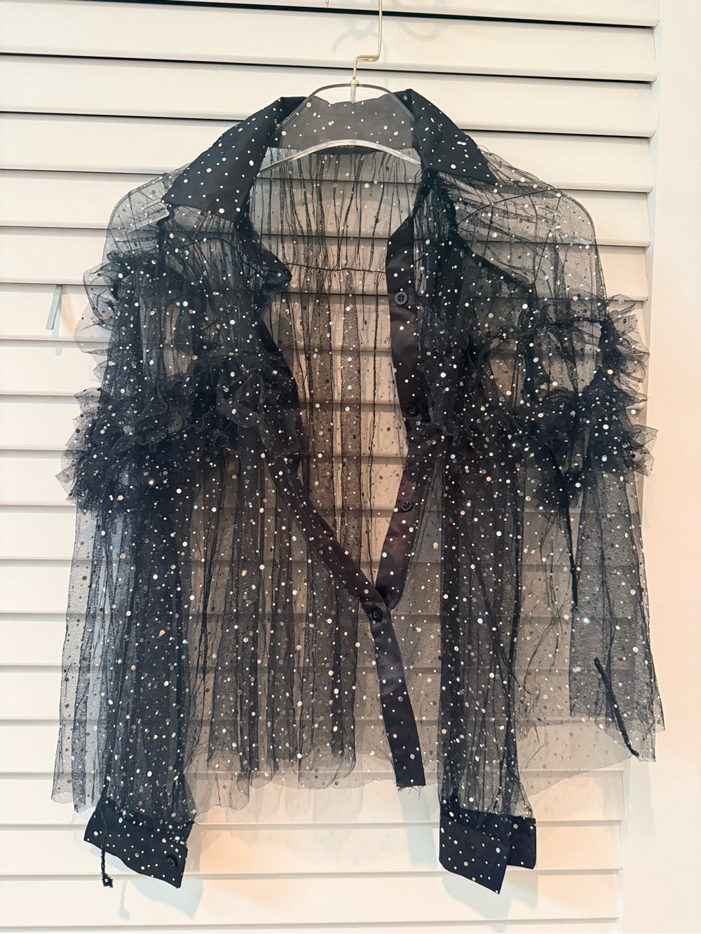 Storets Black Sheer Glitter Ruffle Tulle Blouse — One Size